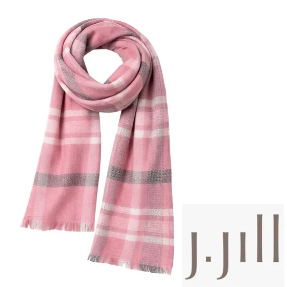 J.Jill Pink Plaid Blanket Scarf ICEDMVEMUL Fringe Wrap Cozy OS NWT - Picture 1 of 8